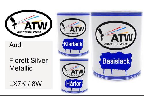 Audi, Florett Silver Metallic, LX7K / 8W: 1L Lackdose + 1L Klarlack + 500ml Härter - Set, von ATW Autoteile West.